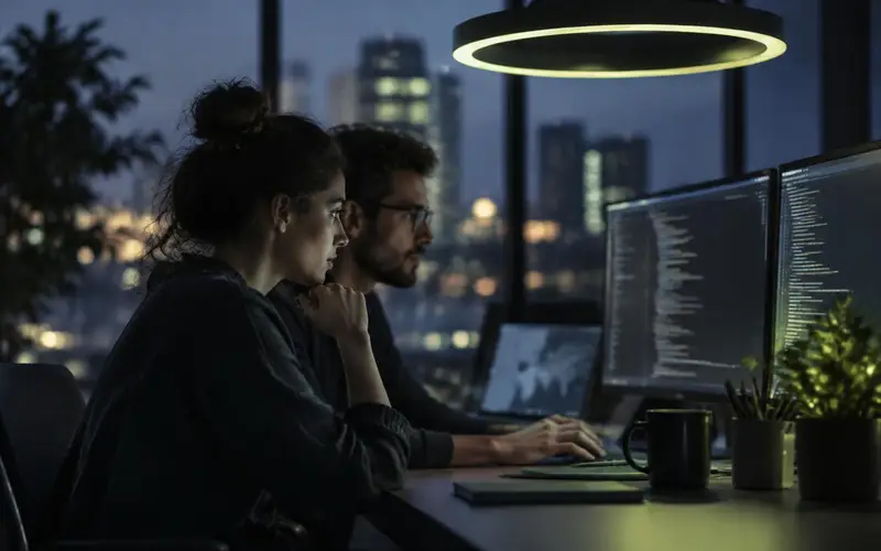 Two engineers working side by side at dusk in profile, under a suspended ring light