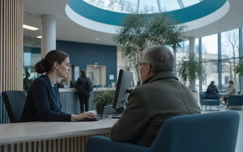 A council service centre with an adviser in profile, under a circular ceiling skylight