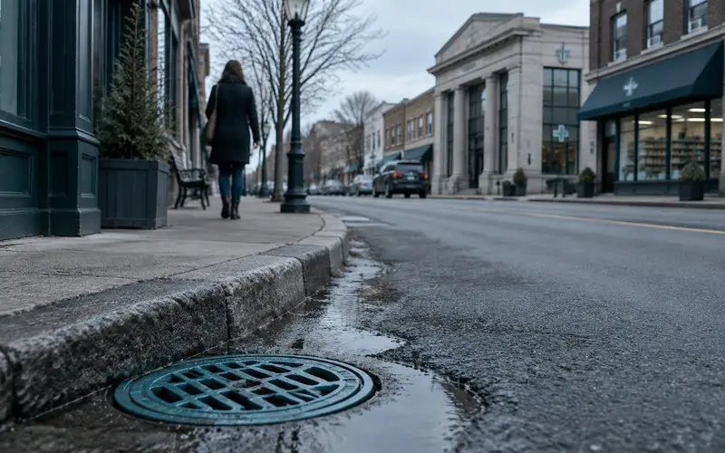 An American main street with a figure walking away and a round storm drain cover in the foreground