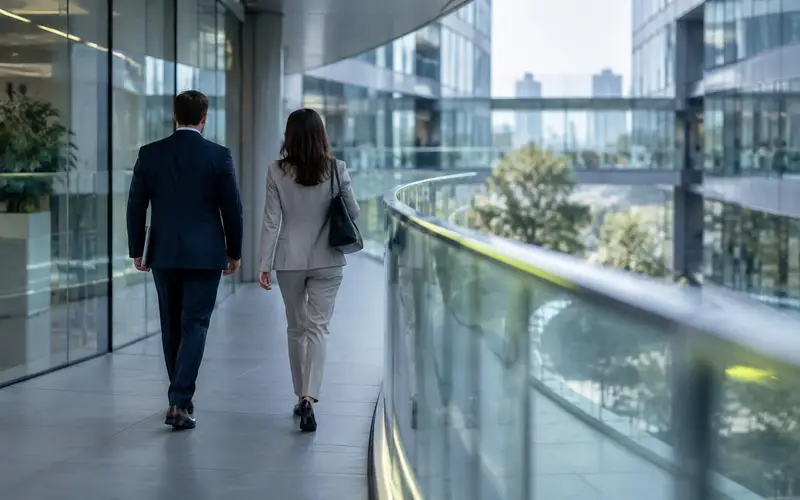 A glazed link corridor with two people walking away, beside a curved glass balustrade
