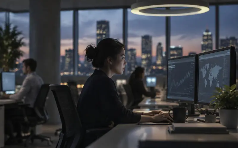 A finance office at dusk with an analyst working in profile, under a circular pendant lamp