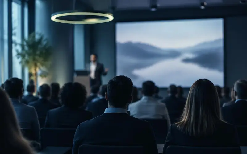 A presentation room seen from the back row in silhouette, under a circular pendant lamp