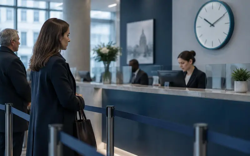 A bank branch queue with a customer waiting in profile, a round clock on the wall