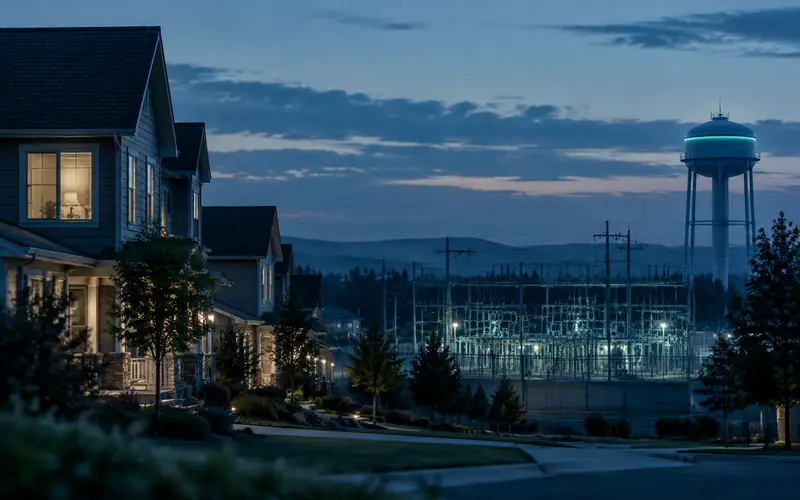 A row of suburban houses at dusk with lit windows, and a utility substation and water tower in the middle distance
