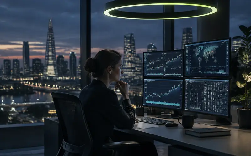 An analyst working at a bank of monitors in a dark office at dusk, a city skyline behind, lit by a ring light above the desk