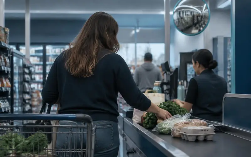 A supermarket checkout seen from behind a shopper, with a convex security mirror above