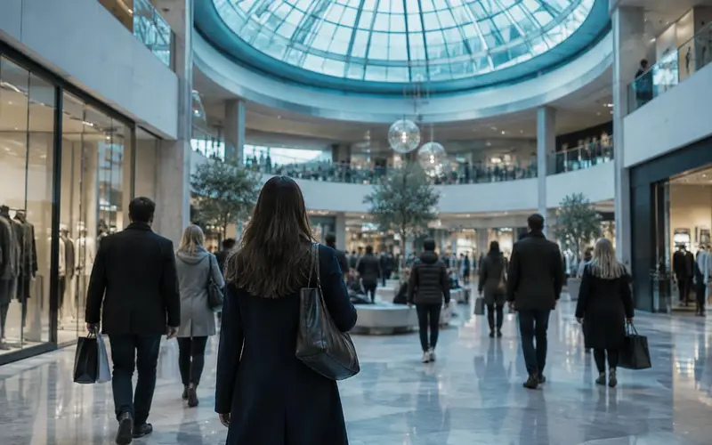 A shopping centre atrium with shoppers seen from behind, under a circular glass roof lantern
