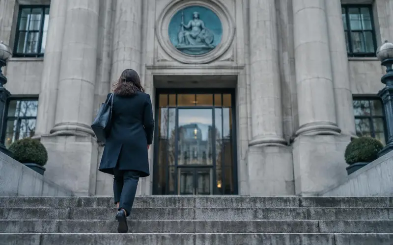 The stone steps of a regulator's building with a figure seen from behind, a carved roundel above