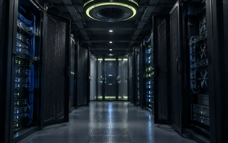 An aisle between server cabinets in low light, doors open, with a circular vent housing in the ceiling above