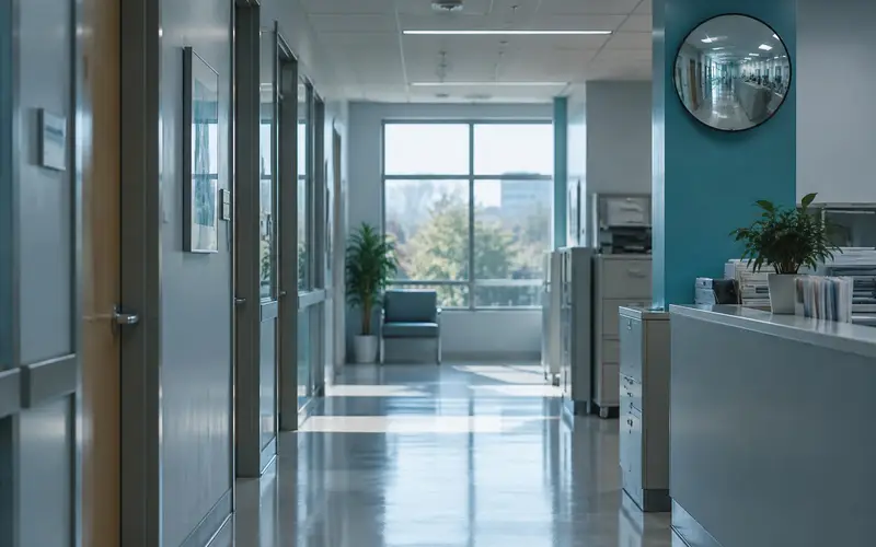 A hospital billing corridor with no people and a convex mirror at the corner
