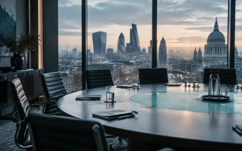 An empty City boardroom at dawn with a round table and no people