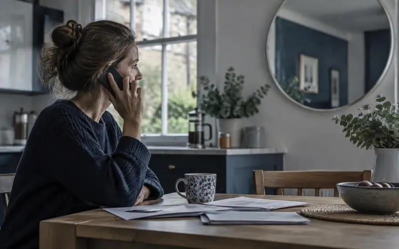 Someone on the phone in profile at a kitchen table, a round mirror on the wall behind