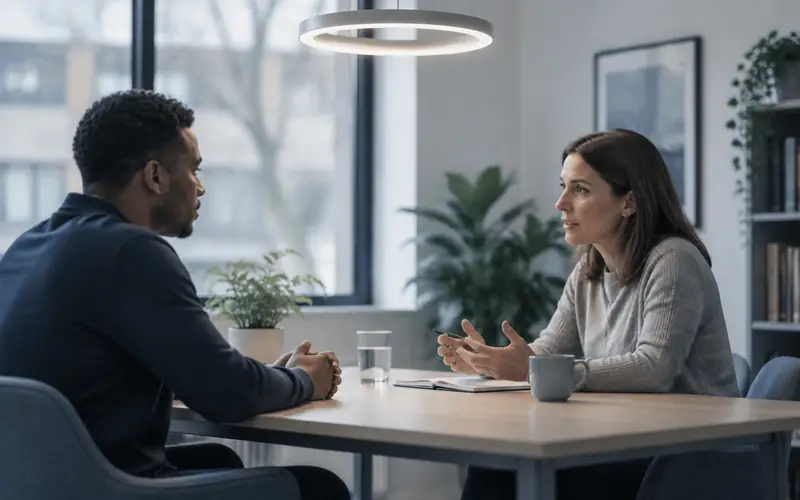Two people talking across a table in a bright advice centre interview room, under a circular pendant lamp