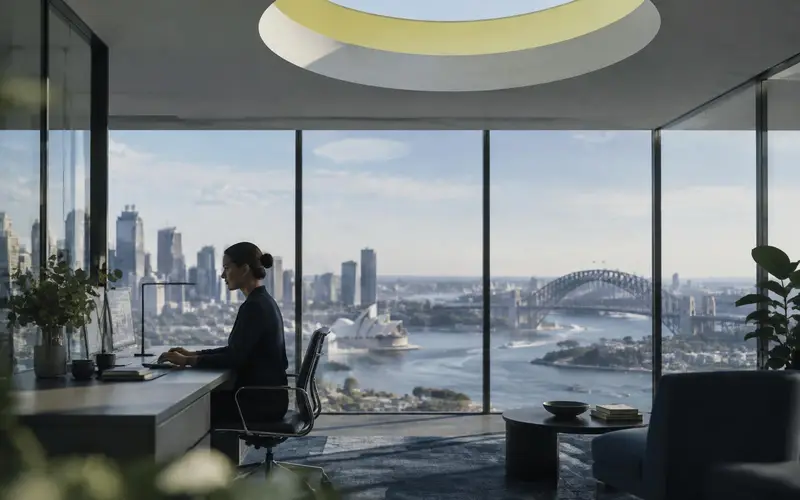 A Sydney tower office with a colleague working in profile, under a circular rooflight