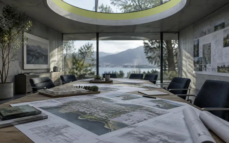 A planning room with drawings spread across a long table and no people, under a roof skylight