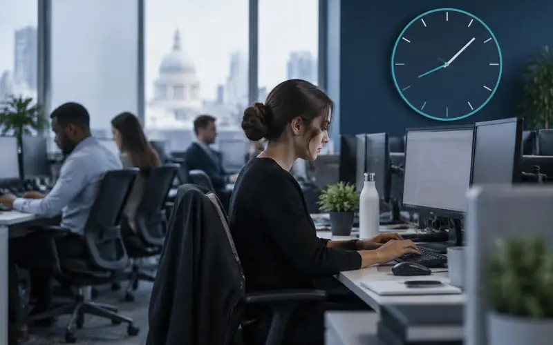 A lender's back office with a colleague working in profile, a round clock on the wall behind
