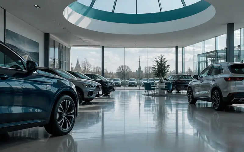An empty car showroom with vehicles visible through the glass, lit by a circular rooflight