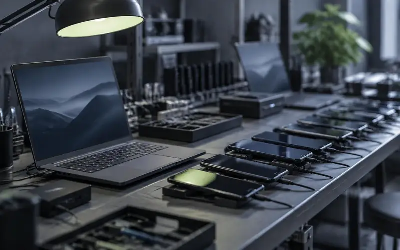 A quality assurance test bench lined with handsets and no people, lit by a round desk lamp