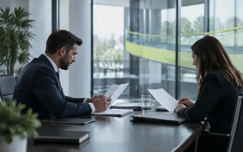 Two people reviewing papers in profile in a meeting room, a curved glass balustrade beyond