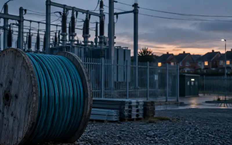 An electricity substation beside a housing estate, with a large cable drum in the foreground