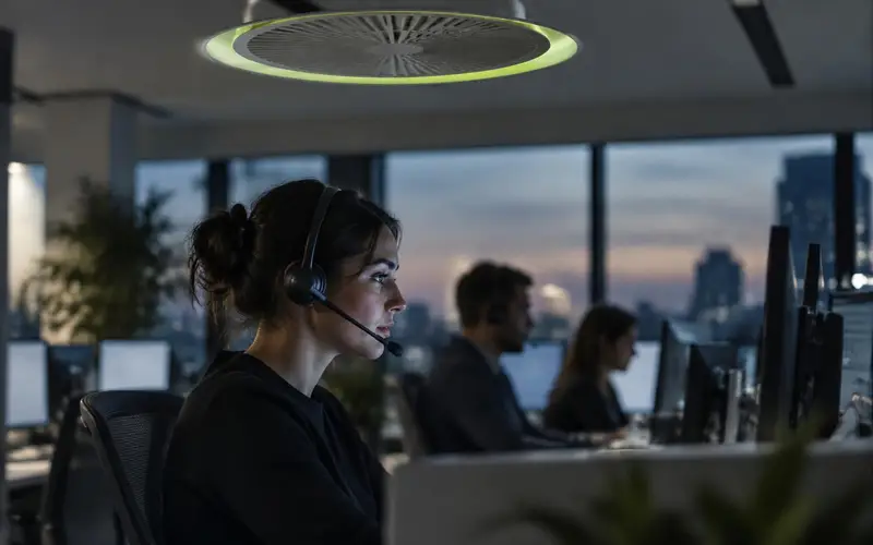 A contact centre at dusk with an agent working in profile, a circular vent housing in the ceiling