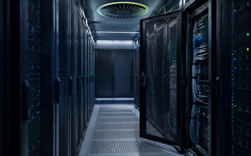 A dimly lit server aisle with one cabinet open and no people, a circular vent in the ceiling