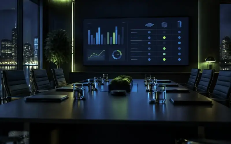 Dimly lit boardroom with a wall screen comparing technology options on scoring charts