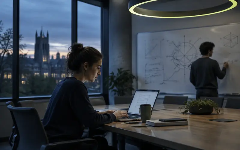 A university seminar room at dusk, one person at a laptop and another drawing diagrams on a whiteboard, under a circular ceiling light