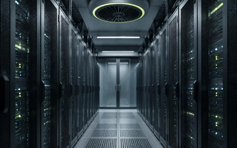A data centre aisle with no people, lit by a circular ceiling vent