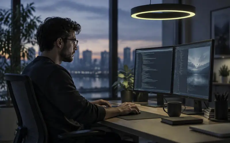 A developer at their desk at dusk, seen in profile under a round pendant lamp