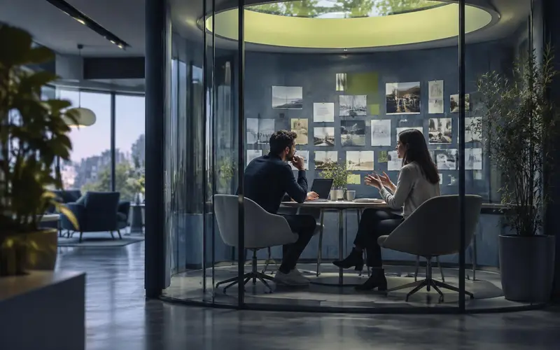 A glass meeting pod with a wall of notes, under a circular rooflight