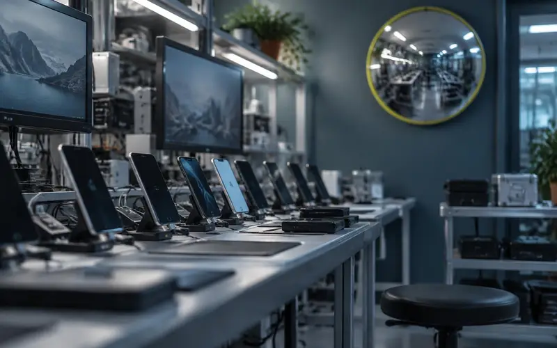 An integration test lab with no people, a convex mirror on the wall