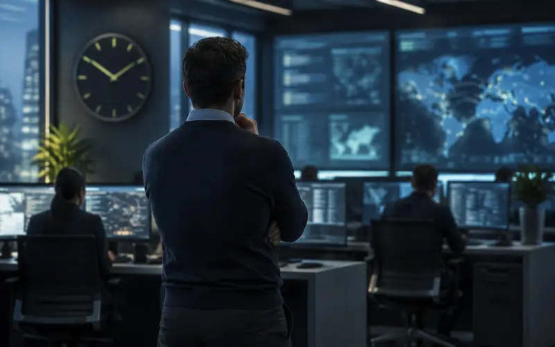 A network operations floor seen from behind, a large round clock on the wall