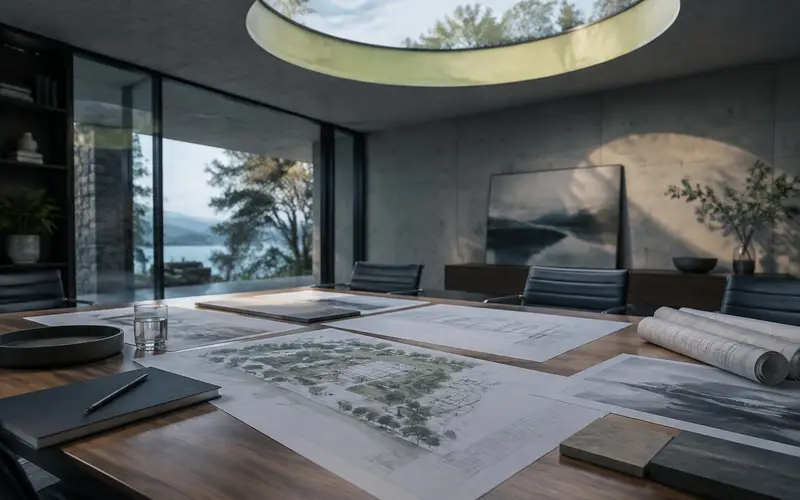 An empty programme room with plans spread on the table, under a circular skylight