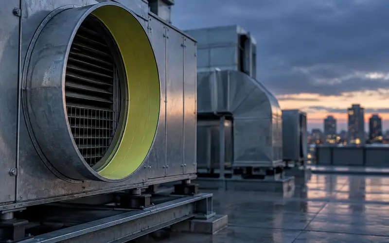 A rooftop plant room at dusk with no people and a circular duct opening