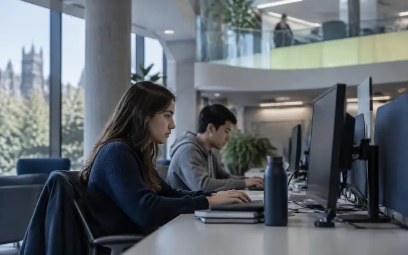 A computer lab with someone working in profile, beside a curved glass balustrade