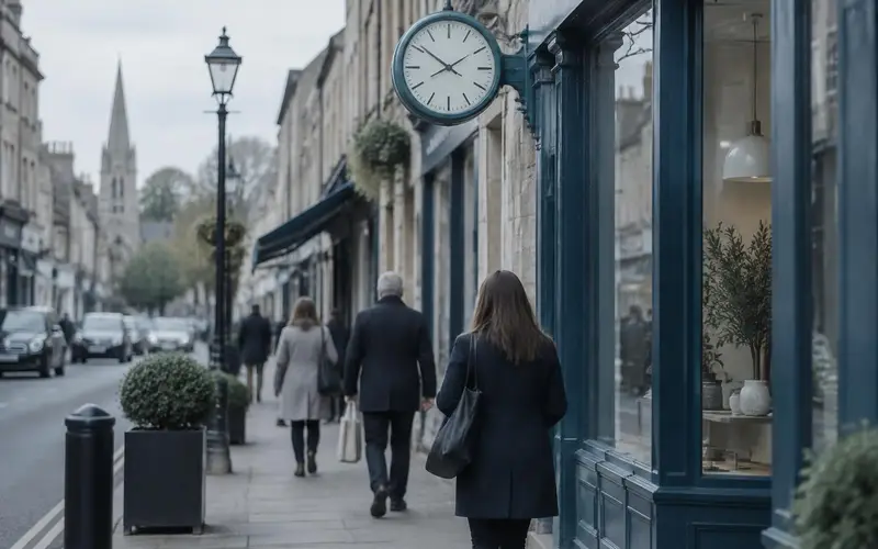 A British high street with shoppers seen from behind and a street clock above