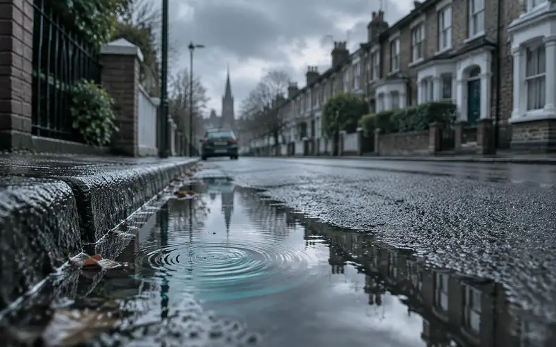 A terraced street with no people and ripples spreading in a puddle