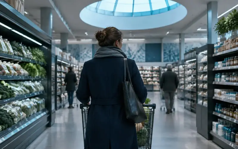 A supermarket aisle seen from behind a shopper, under a circular skylight