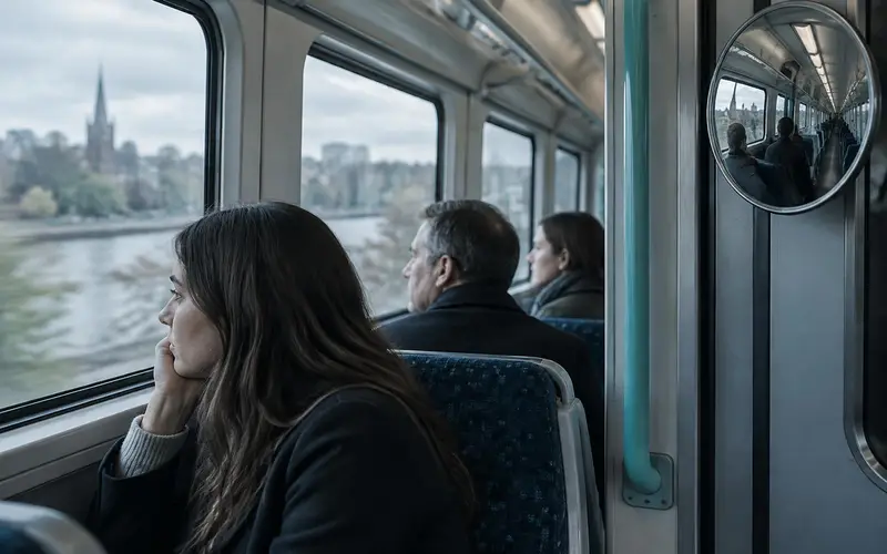 A train carriage with passengers in profile and a convex mirror by the door