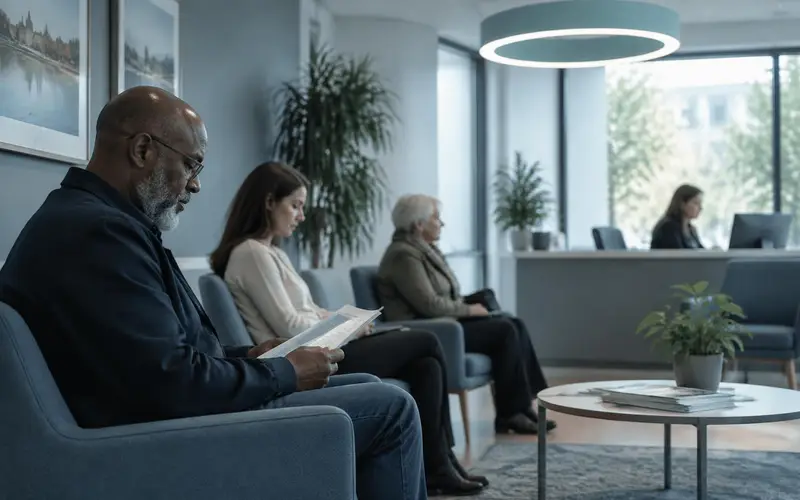 An advice centre waiting room with someone waiting in profile, under a circular pendant