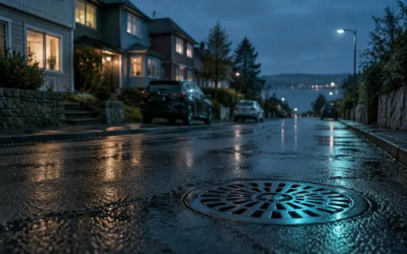 A residential street at dusk with lit windows and a round iron drain cover