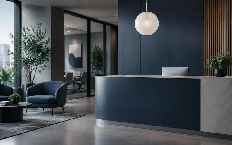 An office reception with no people, under a round pendant globe
