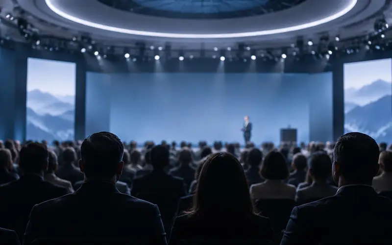 A conference hall seen from the back of the audience, under a domed ceiling light