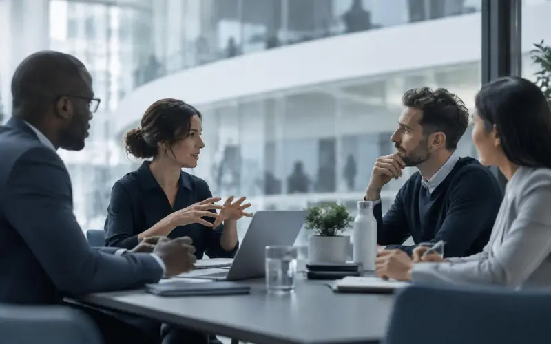 A bright meeting room with colleagues in profile, a curved balustrade beyond