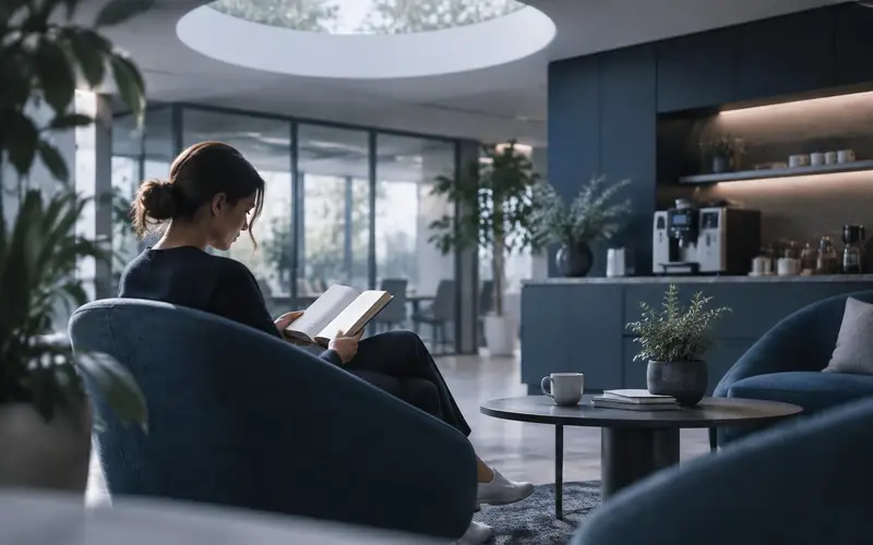 An office breakout space with colleagues in profile, under a circular skylight