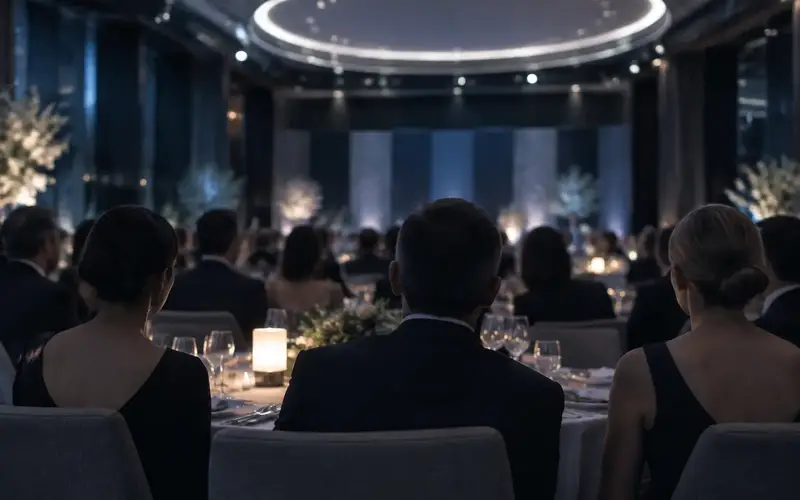 An industry dinner seen from behind a table of guests, under a circular ceiling light