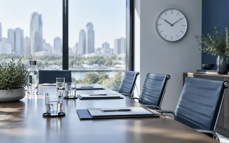 A boardroom table set for a meeting with no people, a round clock on the wall
