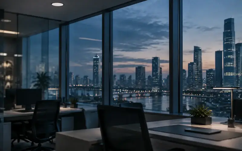 A city office window wall at dusk with the skyline beyond and no people