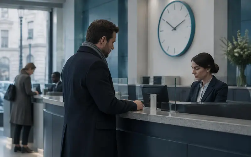 A bank branch counter with a colleague in profile and a clock on the wall